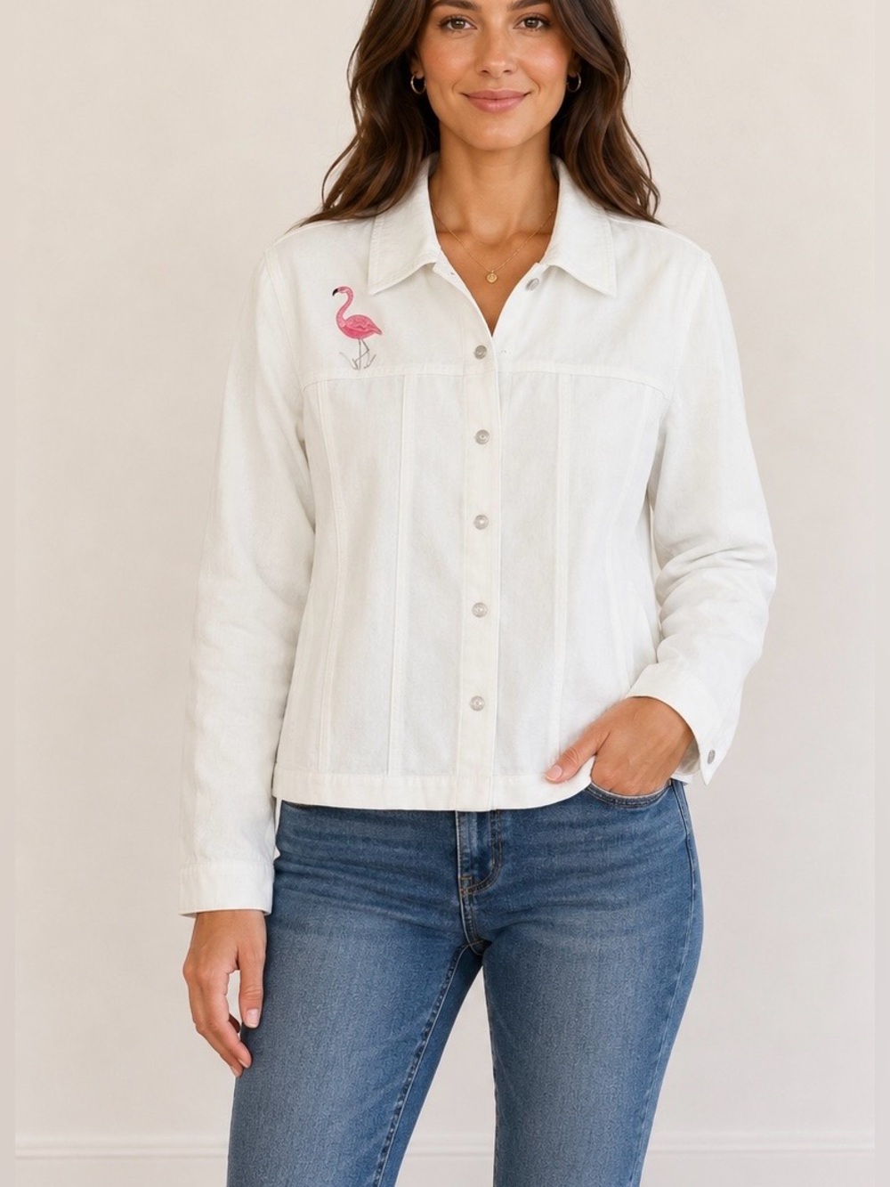 Quacker Factory Flamingo Embroidered‎ White Denim Jacket